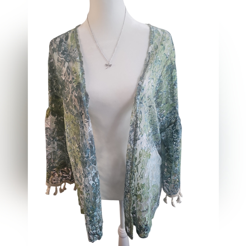 Closetrix Boho Coastal Cowgirl Tassel Sleeve Detail Open Front Cardigan S/M
